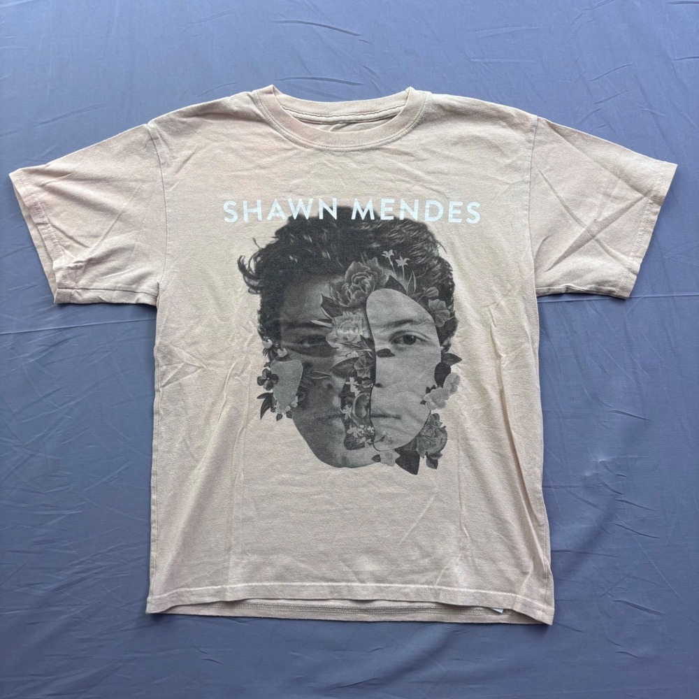 Shawn‎ Mendes Official Graphic Tour T-Shirt Tan Beige Floral Portrait Mens Small